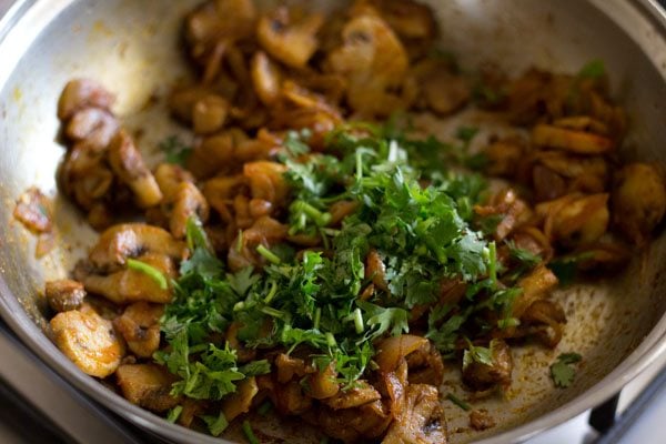 garnishing mushroom stir fry