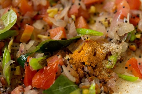 turmeric powder and asafoetida added to the onion-tomato mixture. 