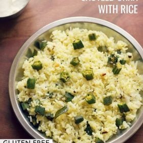 bhindi rice served on a steel plate with a side of plain curd and text layovers.