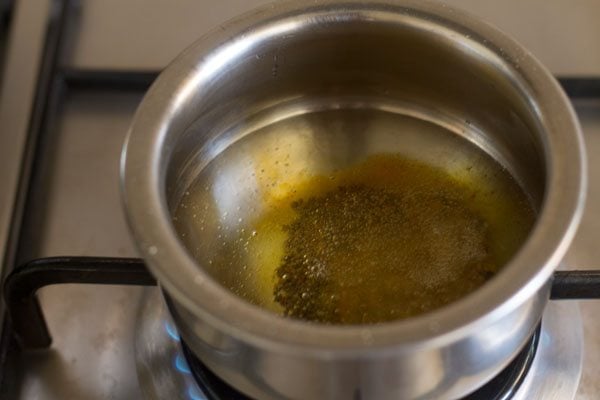 mustard seeds, fenugreek seeds and asafoetida added to hot oil.