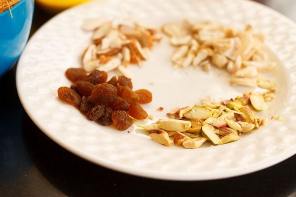 chopped dry fruits on a plate for sweet vermicelli. 