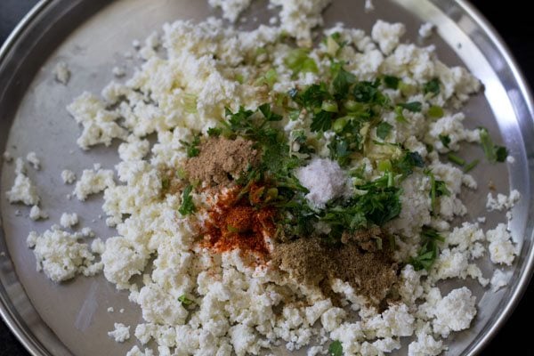 spice powders and salt added to the crumbled paneer. 