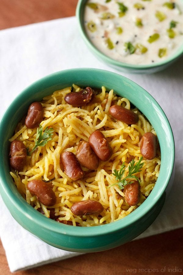 rajma pulao served on a bowl with raita