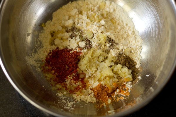 ginger-garlic paste added to the spiced gram flour. 