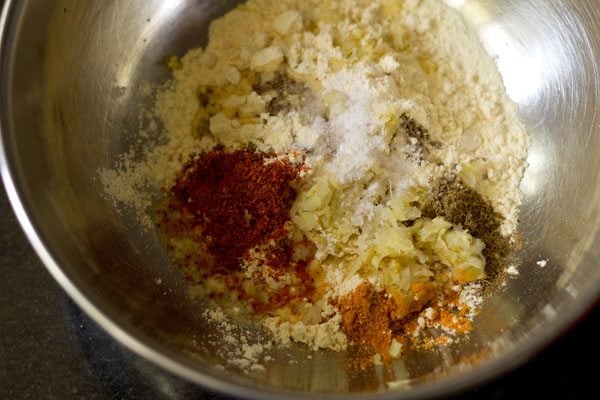 salt added to the spiced gram flour. 