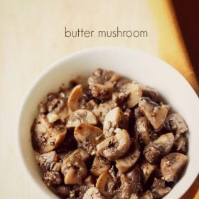 garlic butter mushrooms served in a white bowl with text layovers.