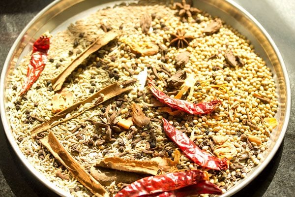 spices for pav bhaji masala being sun dried.