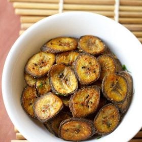 banana fry served in a white bowl.