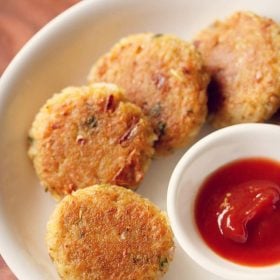 rice cutlet served on a white plate with a small bowl of tomato ketchup kept on the center of the plate and text layover.