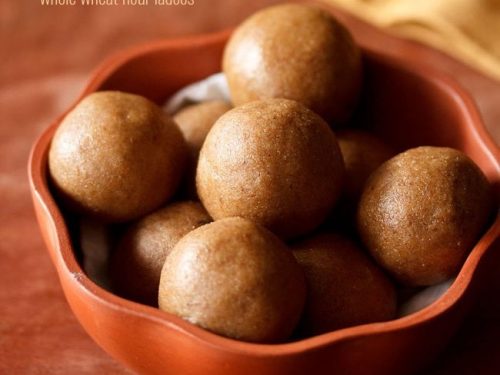 atta laddu served in a brown bowl with text layovers.