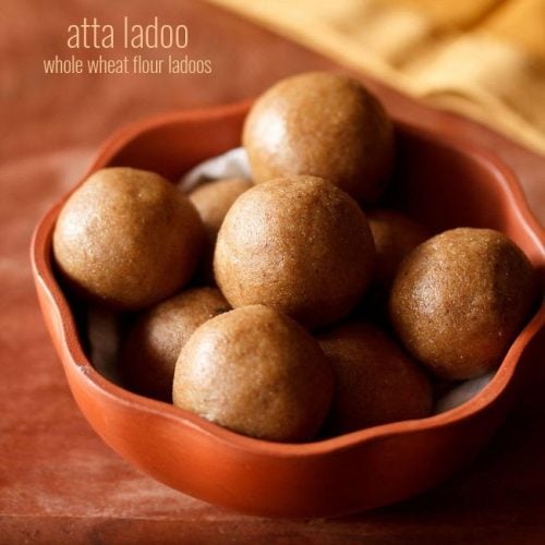 atta laddu served in a brown bowl with text layovers.