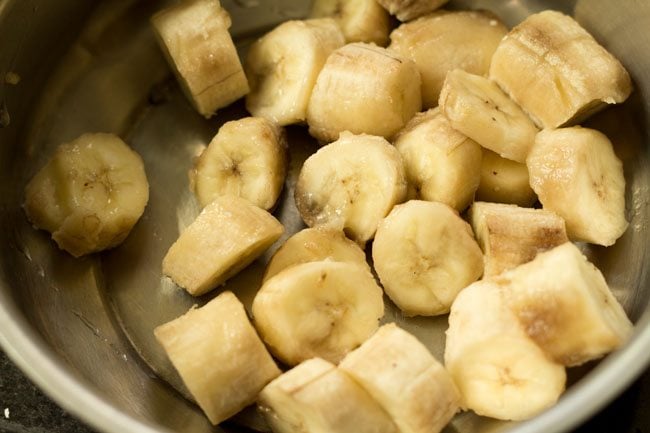 peeled and chopped bananas in a pan. 