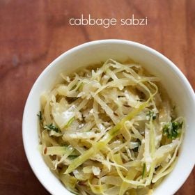 cabbage bhaji served in a white bowl with text layover.