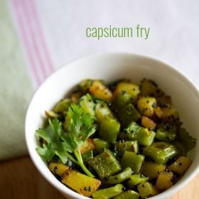 Capsicum fries garnished with coriander leaves served in a white bowl with text layover.