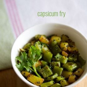 capsicum fry garnished with a coriander sprig and served in a white bowl with text layover.