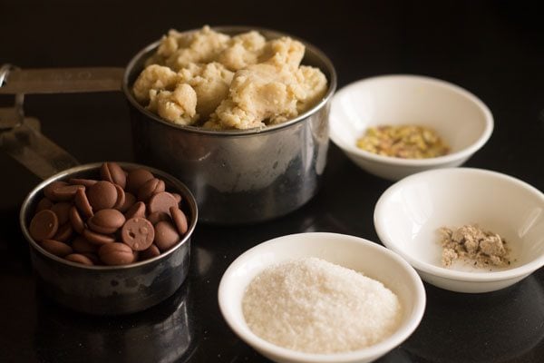 ingredients for chocolate modak on small bowls