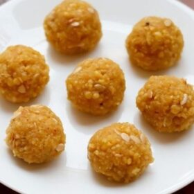 motichoor ladoo on a white plate.