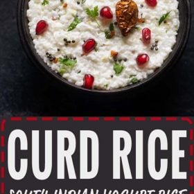 curd rice garnished with fresh pomegranate arils, coriander leaves, fried sun dried chili and served in a black bowl with text layovers.
