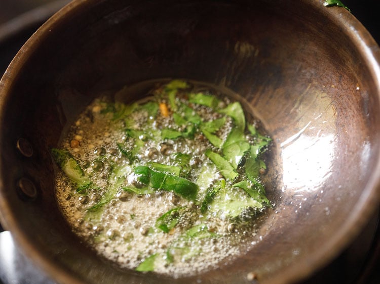 adding curry leaves and asafoetida in the sesame oil.