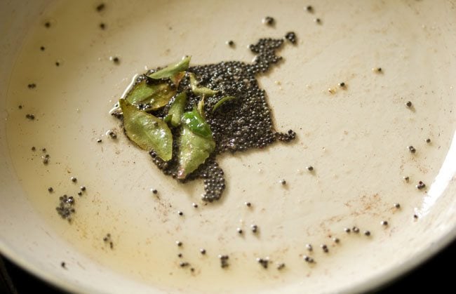 Saute mustard seeds, asafoetida and curry leaves in a pan