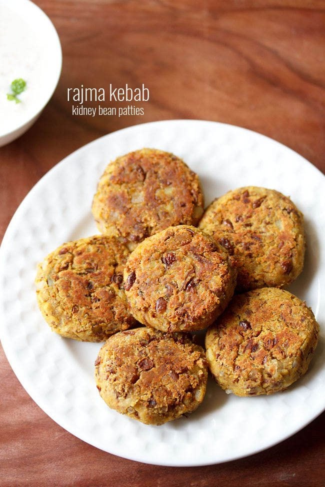 rajma kebab served on a white plate with text layover.