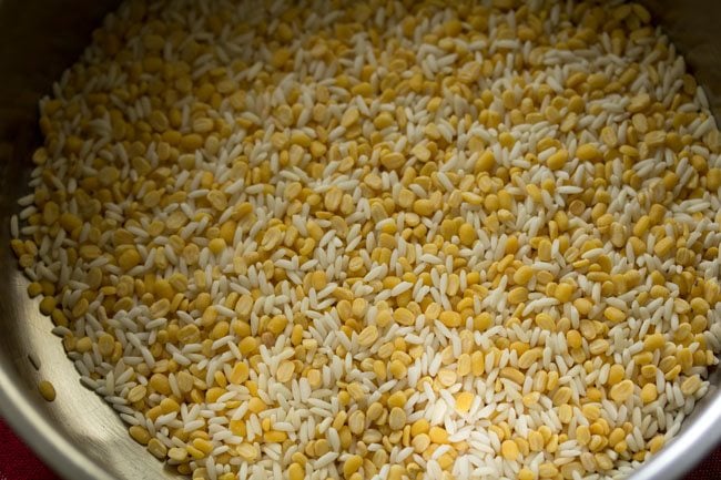 roasted lentils and rice taken in a steel bowl