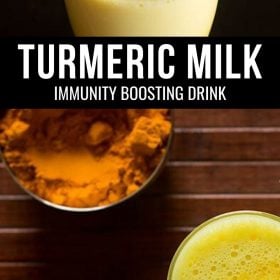 collage of turmeric milk or golden milk with text layovers.