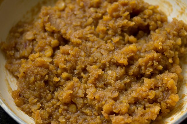 cooked stuffing mixture for chana dal modak. 