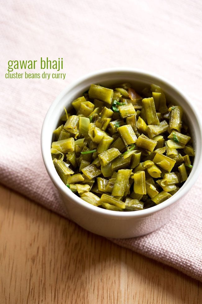 gawar ki sabji served in a white bowl with text layover.