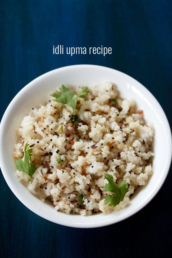 idli upma garnished with coriander leaves and served in a white bowl with text layover.