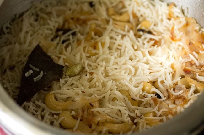 cooked kaju pulao in the pressure cooker. 