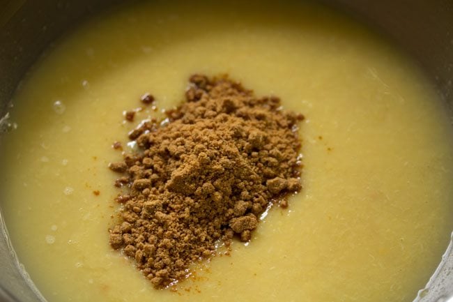 jaggery powder added to mashed moong dal.