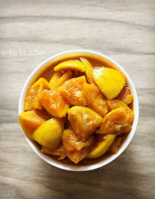 nimbu ka achar served in a white bowl.