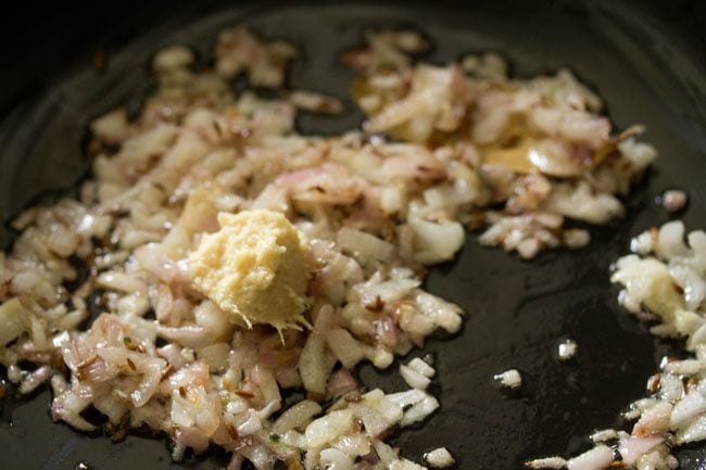 ginger-garlic paste added to onions. 