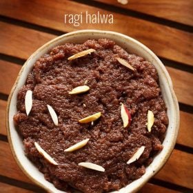 ragi halwa served in a bowl with text layover.