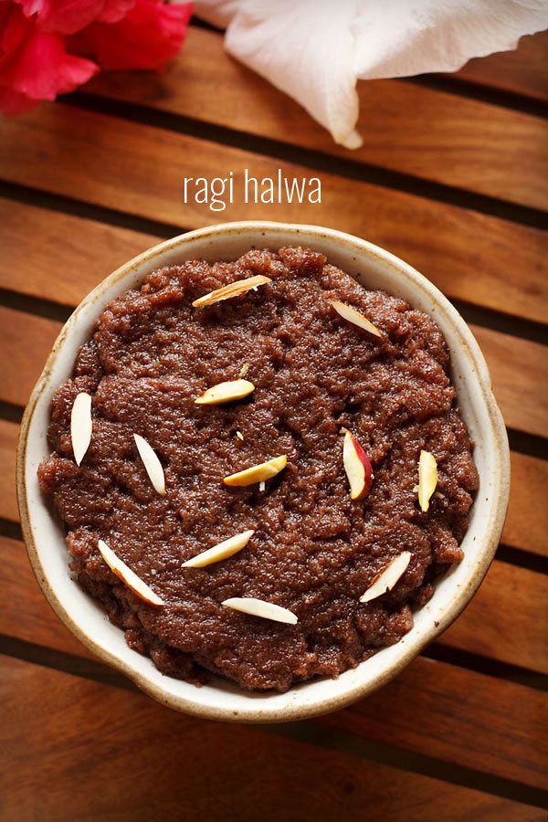 ragi halwa served in a bowl with text layover.