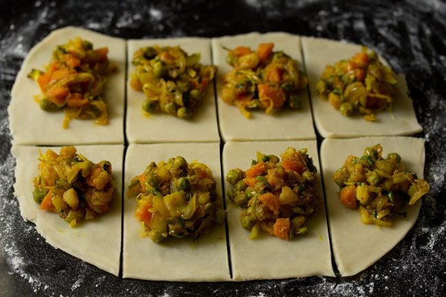 vegetable filling placed in the center of the dough rectangles. 