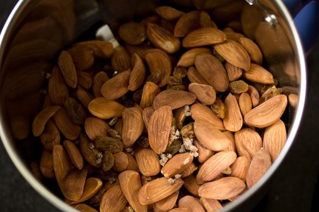 roasted almonds, raisins and cardamom seeds added to the grinder jar. 