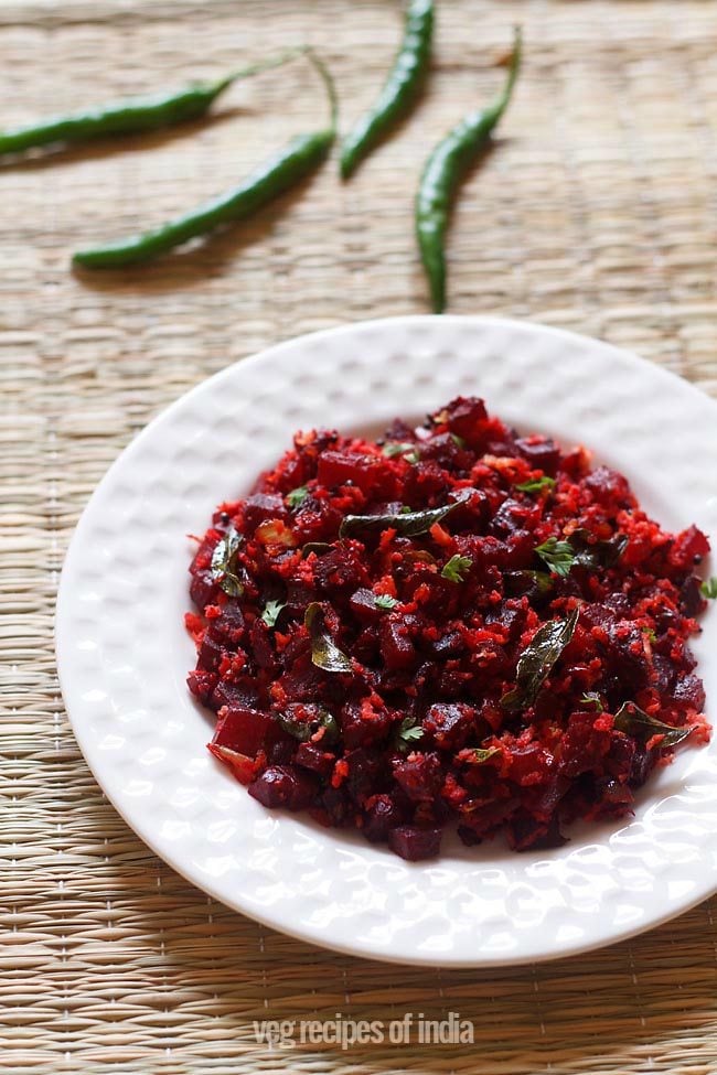 beetroot sabzi served on a white plate