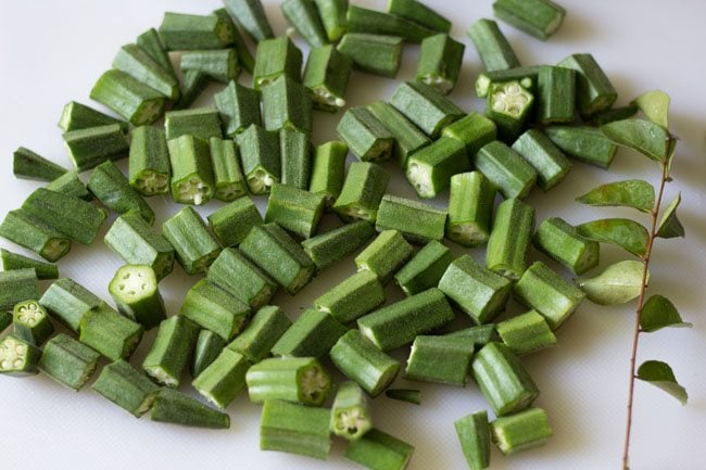 okra chopped into pieces for bendakaya curry. 