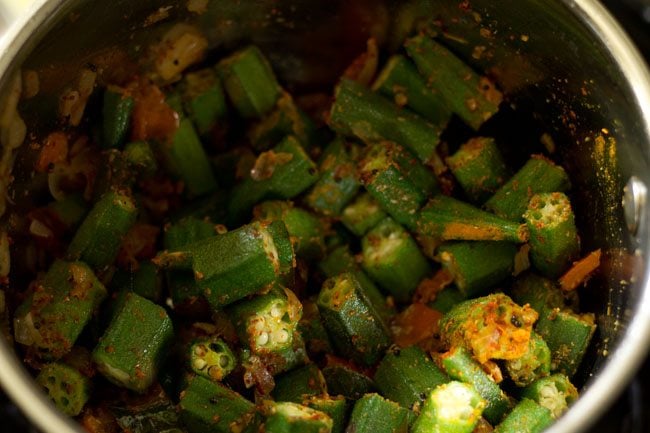 spice powders mixed well with the okra pieces. 