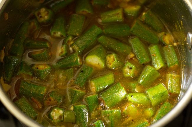 Mix the tamarind pulp well with the okra mixture. 