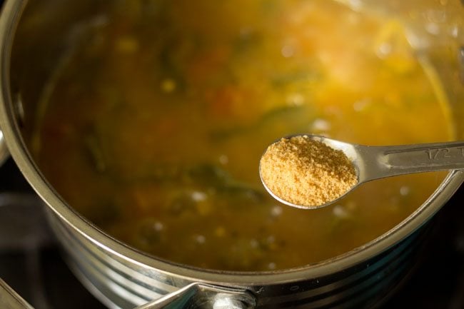 Add jaggery powder to Bendakaya Pulusu. 