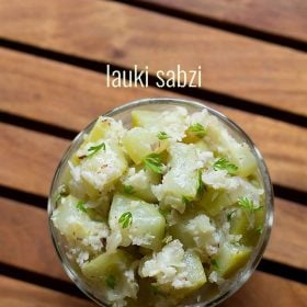 dudhi bhopla bhaji garnished with coriander leaves and served in a bowl with text layover.