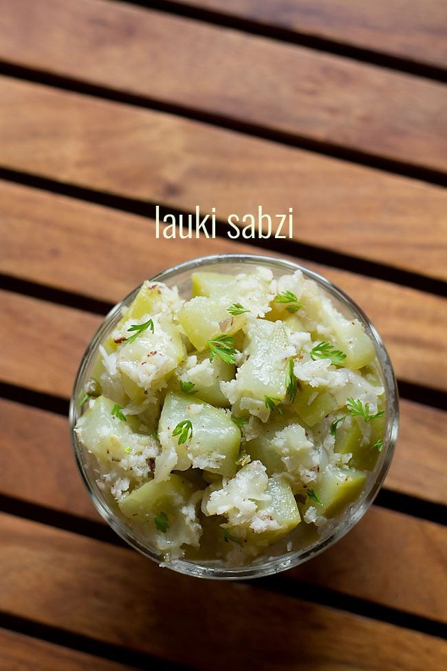 dudhi bhopla bhaji garnished with coriander leaves and served in a bowl with text layover.