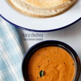 kara chutney served in a black bowl with a plate of dosas kept in the top side and text layovers.