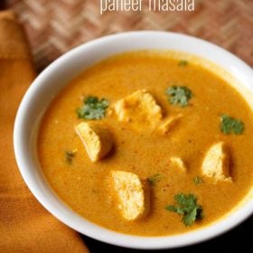 paneer curry garnished with coriander leaves and served in a white bowl.