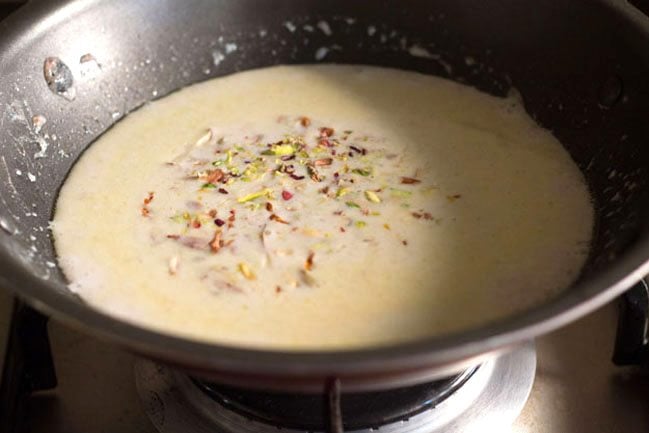 finely chopped cashews, finely chopped pistachios and finely chopped almonds added to the kheer mixture. 