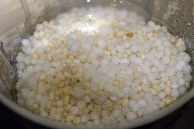 drained sabudana, urad dal and methi seeds added in a grinder jar along with some fresh water. 