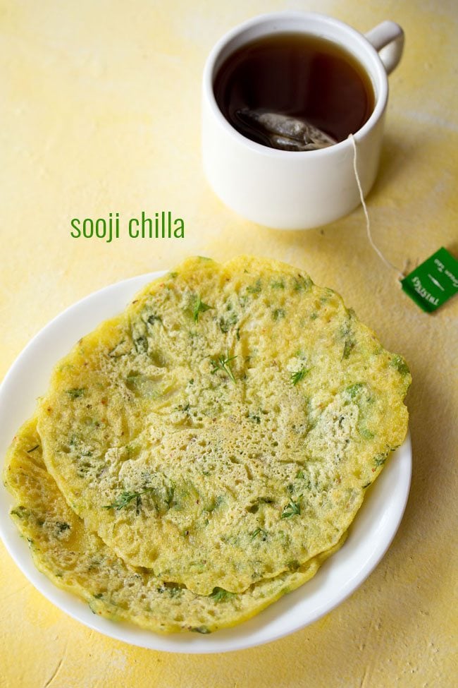 suji ka cheela served on a white plate with a cup of tea kept on the top right side and text layover.